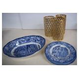 Staffordshire Dishes And 3 Gold Plated Glasses