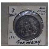 German Empire 1911 Silver 3 Marks Hamburg