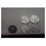 1902 Indian Head Penny, Four Buffalo Nickels**