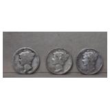 Three Mercury Silver Dimes  1916S, 1941P & 1942D