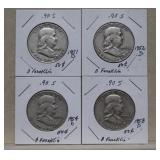 (4) Franklin Silver Half Dollars-1951D,52D,54D,58D