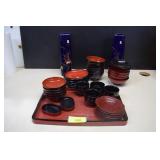 Oriental Dish Ware & Two Blue vases