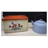 Vintage Tin Bread Box & Enamel Ware Tea Pot