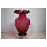 Fenton, Art Glass Cranberry Ruffle Top Vase