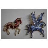 Lovely Enamel Pegasus & Rhinestone Horse Brooches