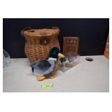 Vintage Fishing Creel, Antique Book & Ty Ducks