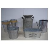 6 Pieces Of Galvanized Flower Pots And Pitcher