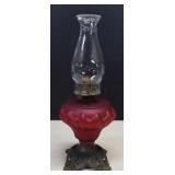 Cranberry Satin Glass Oil Lamp On Metal Base