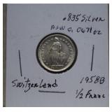 1958B Switzerland Silver 1/2 Franc  Fine 0.835