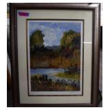 Large Framed & Signed Print, Lake & trees 29x36'