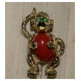 Monkey, Green Eye, Red Stone Belly Brooch