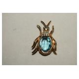 Gold Tone Bug Brooch w/ Blue & Clear Rhinestones
