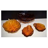 Vintage Amber Glass Leaf Dishes & 2- Indiana Glass