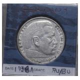 1936A Third Reich Germany 5 Silver Reichmarks