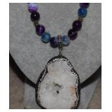 Boho Druzy Crystal Geode Slice w/Purple Agate Bead