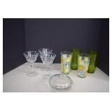 Lot Of Olive Green Glass& Clear Covered Bowl