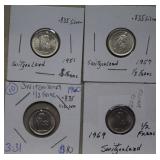 (4) Silver Switzerland 1/2 Francs  0.835 Fine