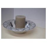 Heavy Silver Tone Metal Bowl With Large Candle