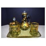 Vtg. French Art Nouveau Green Liqueur Set With Bee