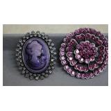 Beautiful Purple Cameo Brooch & Pink Rhinestone