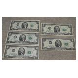 Five 1976 $2 Fed. Reserve  Green Seals