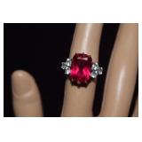 Sterling Ruby & Clear Stone Ring  Sz 6-1/4