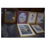 6 Framed Vintage Prints & Mirror
