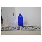 Lot Vintage Glass Bottles & license Plates