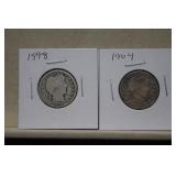 1898 & 1904 Barber Silver Quarters