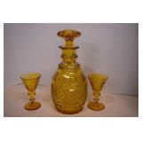 Vintage Honey Amber Cut Crystal Decanter Set With