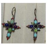 Sterling Cross Earrings w/ Multi-Color Stones