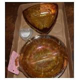 Amber Glass Ashtray,  Canival Glass Relish Dish &