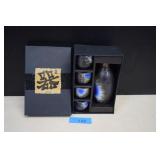 Japanese Saki Set Hand Painted Bue Glaze