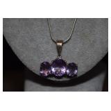 Sterling Chain w/ Three Stone Amethyst Pendant