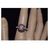 Cocktail Ring w/ Red & Clear Stones   Sz 8-1/2