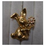 Gold Tone Rabbit & Flower Lapel Pin