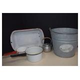 Enamelware Pots & Pans and Galvanized Bucket