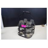 Four 32 Oz. Glass Milk Bottles & Metal Carrier