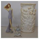Lot MISC Home Decor, Pottery Vase, 2 Lady Figurine
