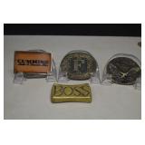 Three Brass Belt Buckles & Brass Paper Weight