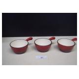 Three Red Enamel cast Iron Mini Pot/Pan 16 Oz.