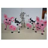 Four Metal Bobble Head Pig & Cow Yard Decor With