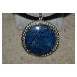 Silver Tone Chain, Beaded Bezel  Lapis or Sodalite