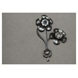 Vtg Sterling Flower Brooch w/ Clear Stones