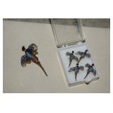 Hand Painted Pheasant Brooch & Two Pr Earrings