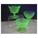 Three Vtg. Vaseline Glass Dessert Cups (NOTES*)