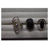 Three Silver Tone Rings - Two Have Black Stones