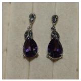 Silvertone Earrings w/ Amethyst & Marcasite