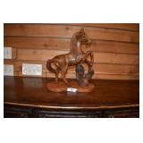 Carved Wood Rearing Horse Sculpture On Base