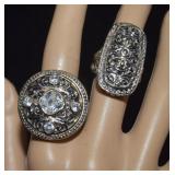 Two Large Cocktail Rings w/Clear Stones Both 7-1/4